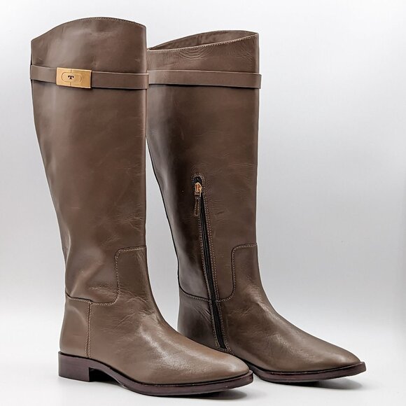 Tory Burch Women T Hardware Equestrian Riding Tall Olive Leather Boots size 9